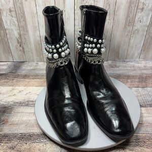 Zara Women’s Ankle Boots With Pearl Beads And Chains Black Size 40 US 9.5/10 N